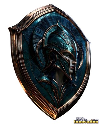 A woman in a bronze helmet looks forward from a shield with teal metal plates