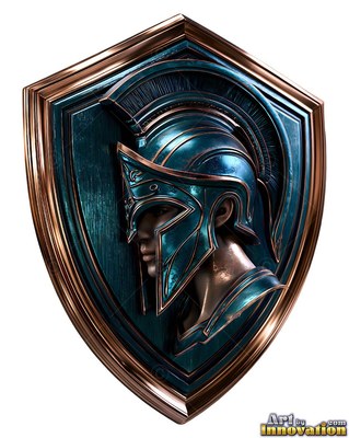 Profile of a helmeted woman sculpted on a teal and bronze shield
