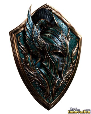A bronze shield shows the woman's side profile wearing a winged helmet in green metal