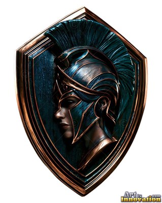 Inside a dark bronze crest, a woman facing sideways wears a crested helmet