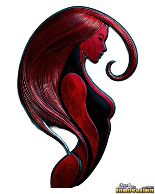 Facing sideways, a red metal woman with curving hair forms a slender crest shape