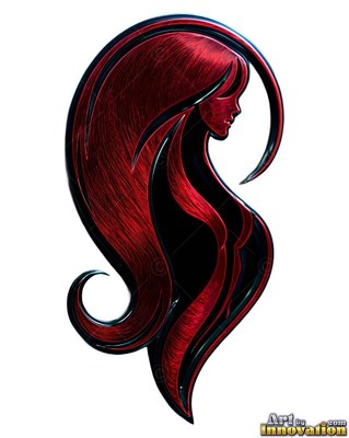 Profile emblem of a woman made of red brushed metal