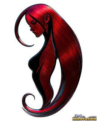 Long red brushed-metal hair curls around a woman seen from the side against white space