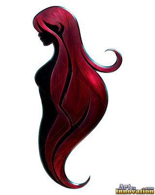 A woman turns in profile with long hair curving downward in brushed crimson metal