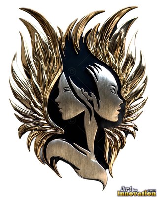 Back-to-back in profile, two silver women rest inside gold metal wings