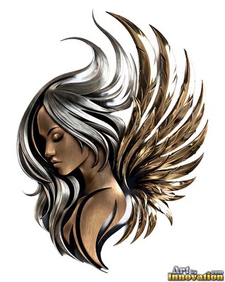 A bronze metal woman in profile with silver hair and a feathered gold wing