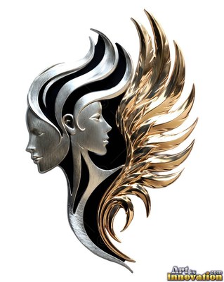 On a solid white field, a metallic woman face merges with a gold wing