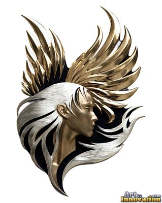 Facing to the right, a metallic woman is framed by swept silver and gold wings