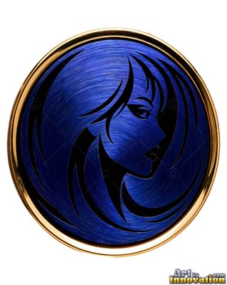 A woman turned to the side on a round blue metal medallion