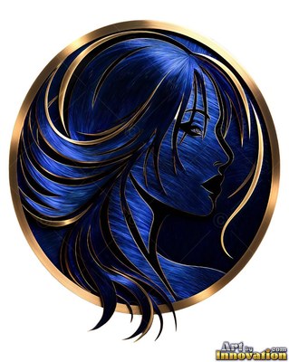 Sweeping blue brushed metal hair defines a woman in profile inside a round gold frame