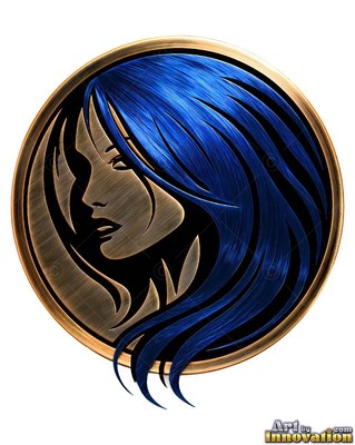 A metal medallion shows a woman shown from the side facing left with brushed deep blue hair