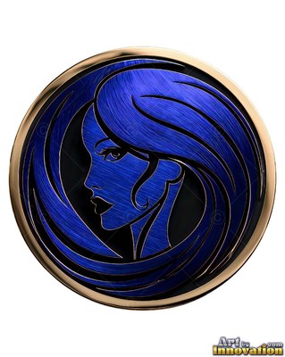 In profile inside a gold medallion, a blue metal woman with long flowing hair