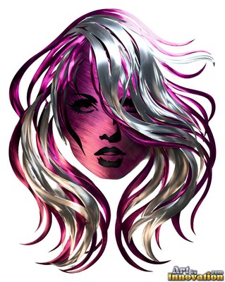 A metallic woman's face looks forward with flowing magenta and silver hair