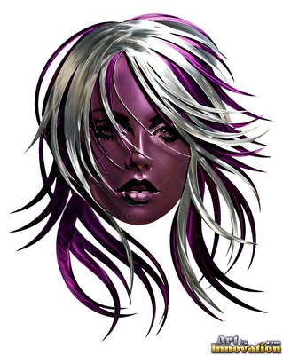 On a plain blank white backdrop, a purple-skinned woman has white and violet hair