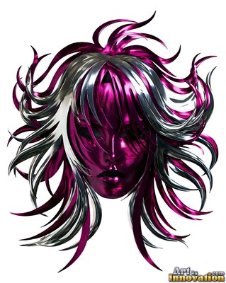Facing forward, a woman in a shiny metallic mask has wild magenta and silver hair