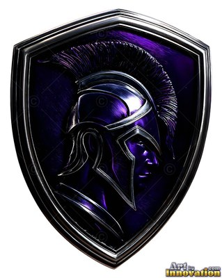 A metallic purple shield with a woman in a crested helmet