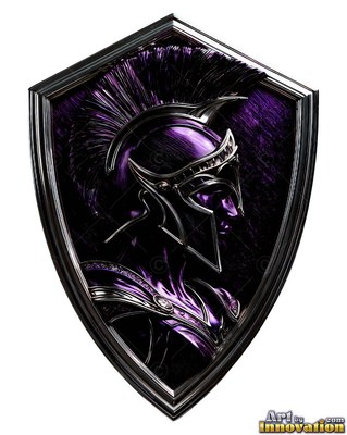 Purple spartan helmet on a woman in profile on a pointed silver shield against white