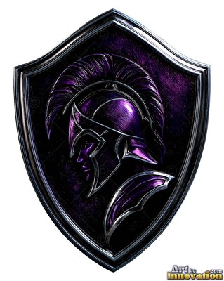 A spartan woman looks downward on a shield finished in brushed purple metal