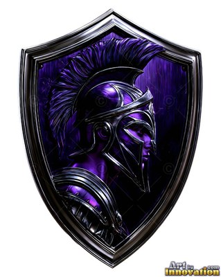Facing right in a metal shield, a woman wears a purple Spartan helmet and armor