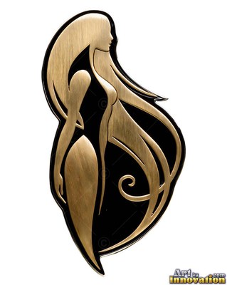 Brushed gold metal cutout of a woman shown from the side with long swirling hair