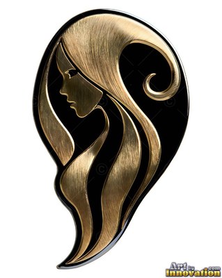 Against a white backdrop, a woman turned to the side has flowing brushed gold hair