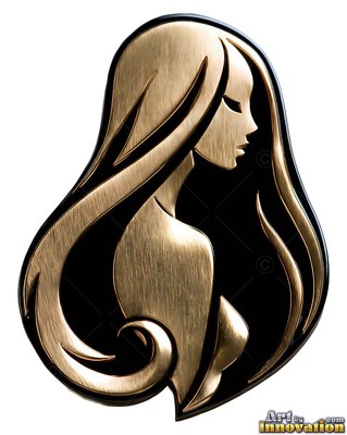 Facing to the side, a woman in brushed bronze metal is outlined by black curves