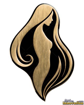 A woman in profile made of brushed gold metal with long hair