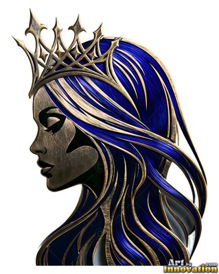 Spiked metal crown on a crowned woman with flowing blue hair on a plain background