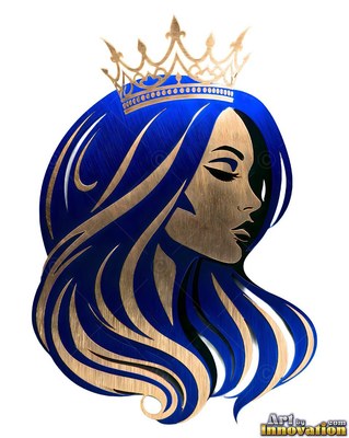 A woman rests her eyes in profile wearing a crown, with royal blue and gold metal hair