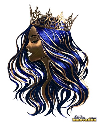 Profile of a crowned woman with wavy blue and gold hair on white