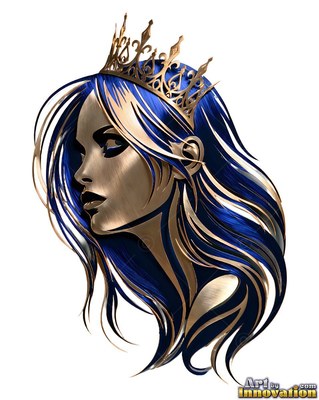 Metallic side view of a woman wearing a gold crown with blue hair