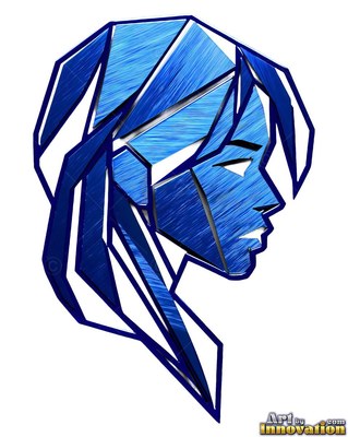 Against a white background, a blue metallic side view of a woman faces right