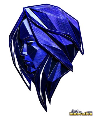 Facing left in profile, a woman formed from angular blue metal shapes and dark hair