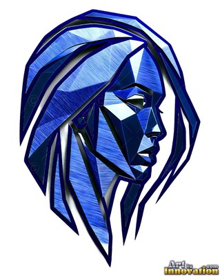 Blue brushed metal woman shown in profile with long hair