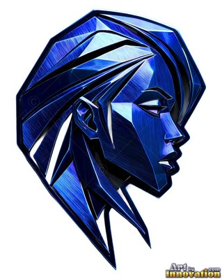 Polished blue metallic hair surrounds the woman seen from the side over white space