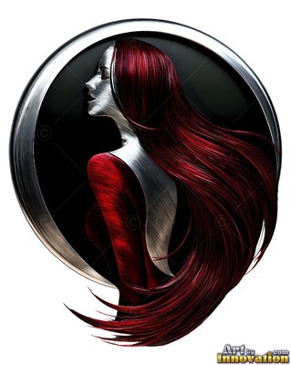A woman looks to the side in profile with long dark red hair inside a silver circular frame