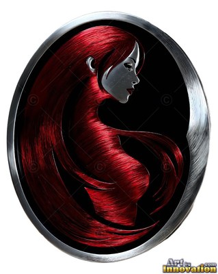 Turned in profile inside a silver medallion, a woman has long red hair