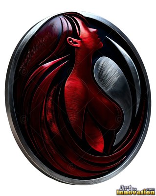 A brushed metal medallion of a red woman looking up with flowing hair inside a ring