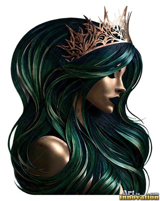 Against a plain white backdrop, a crowned woman with dark green hair looks aside