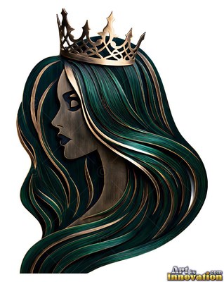 Facing sideways, a metal woman with dark green hair wears a bronze crown
