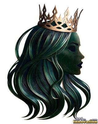 Profile of a dark green woman wearing a gold crown