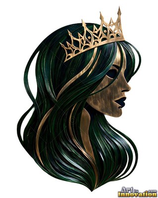 Crown resting on dark green hair, a wooden woman profile on plain white