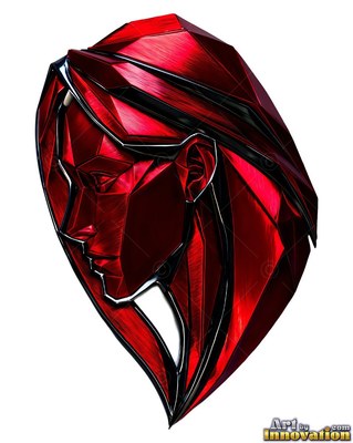 A woman looks down in profile, shaped from red brushed metal with bright highlights