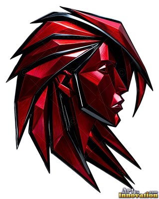 In side profile on white, a red metal woman with sharp layered hair