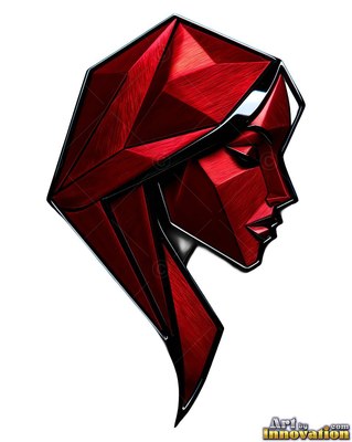 A woman's face in profile made of shiny red metal facets with her eyes closed