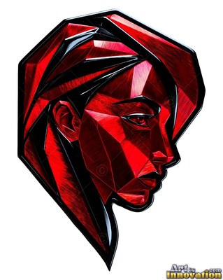 On a white background, a woman in profile made of red geometric metal panels