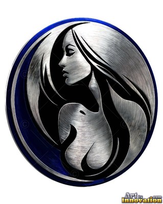 Facing sideways, a woman is carved from silver brushed metal inside a round blue frame