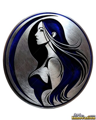 Silver and blue round metal emblem of a woman shown from the side