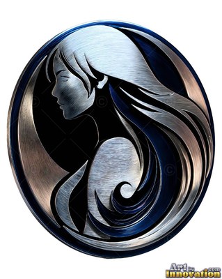 Long silver hair sweeps past a woman seen in side profile against black space in a metal disc