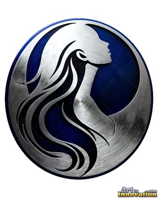 A woman tilts her head back in profile, her brushed steel form set against deep blue
